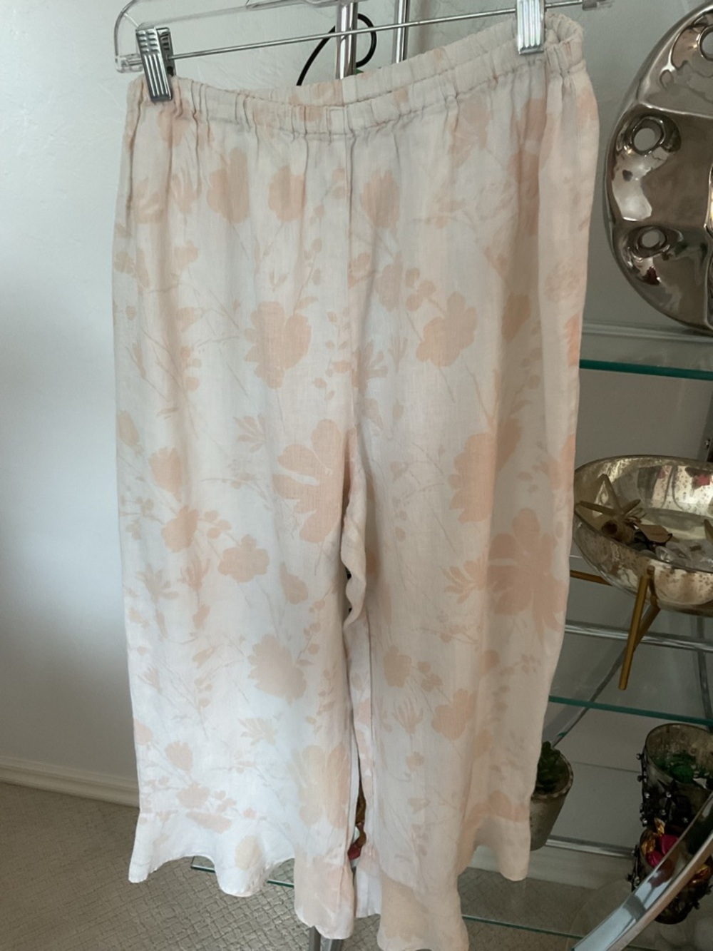 Flax Pale tan  and Cream Linen Pants with ruffle at hemline.